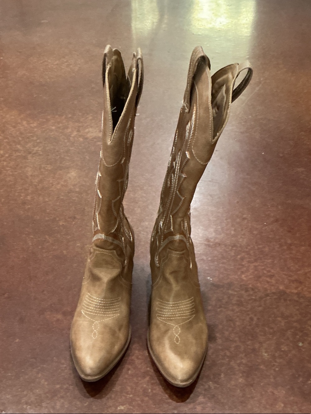 Women's Brown Leather Western Knee-High Heeled Boots